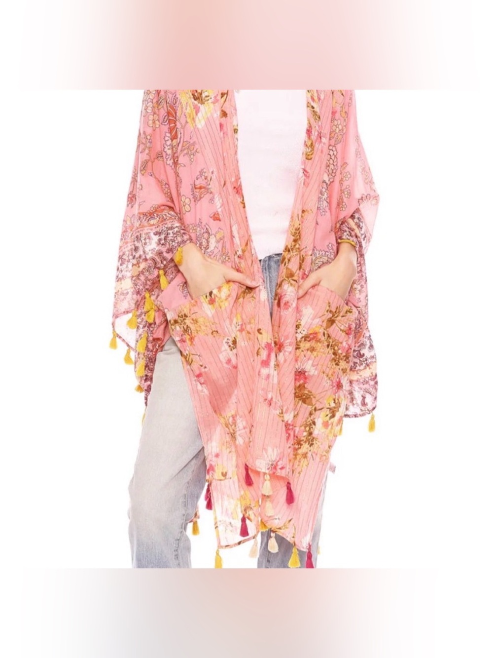 Aratta Pink Floral Sheer Kimono Wrap with Yellow Tassel Trim - Picture 2 of 9